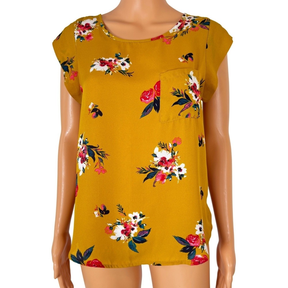 S.R. by Sweet Rain Mustard Yellow Floral Cap‎ Sleeve Blouse Small TB4181-D